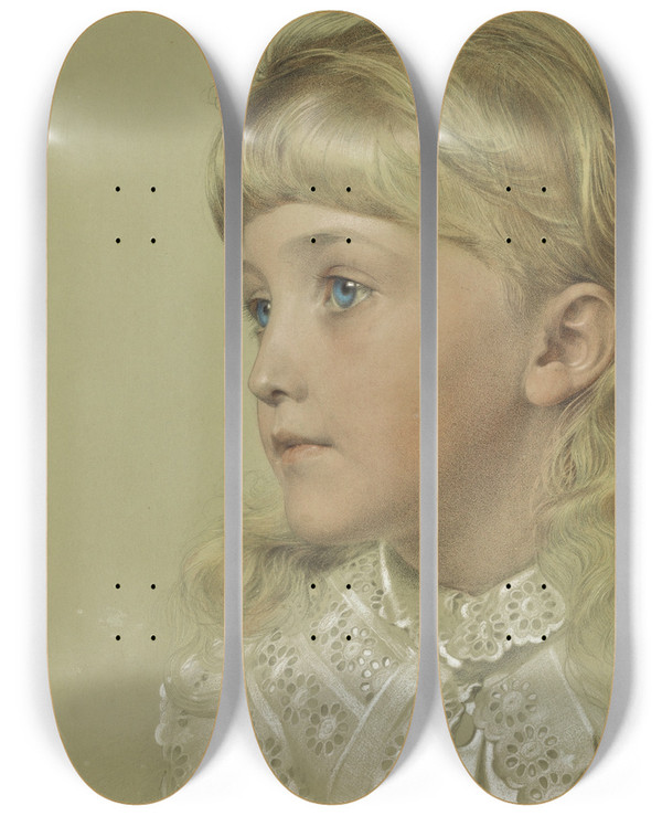 Triptych art skateboard deck of Frederick Sandys Portrait Of May Gillilan by Frederick Sandys (1829-1904)