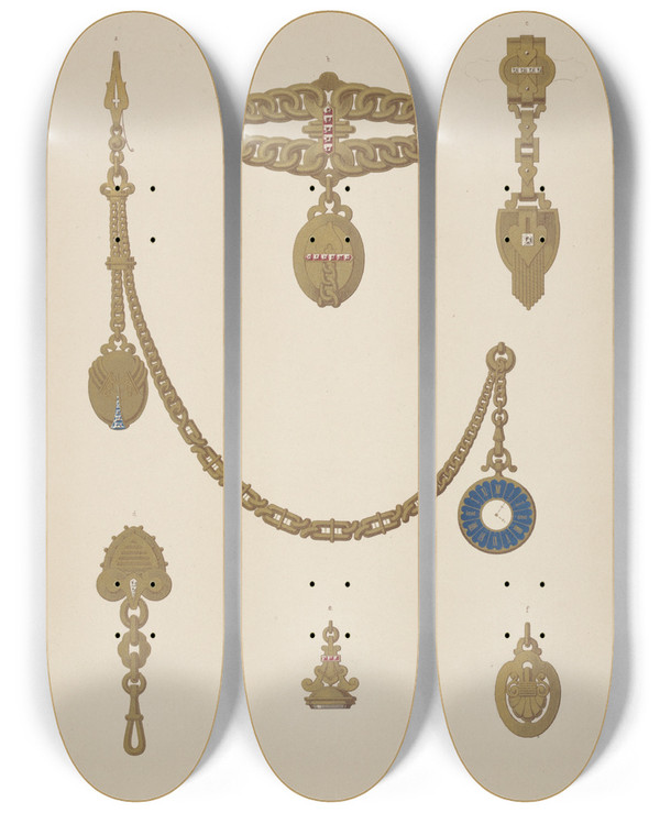 Triptych art skateboard deck of Martin Gerlach Six Designs For Jewelry Including Gold And Blue Pendant Watch by Martin Gerlach (1846-1918)