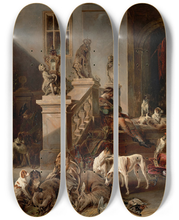 Triptych art skateboard deck of Johann Matthias Ranftl Die Jagdbeute by Johann Matthias Ranftl (1804-1854)