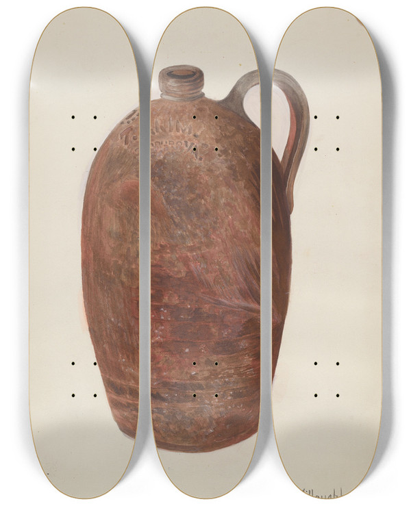 Triptych art skateboard deck of Willoughby Ions Pottery Jug by Willoughby Ions