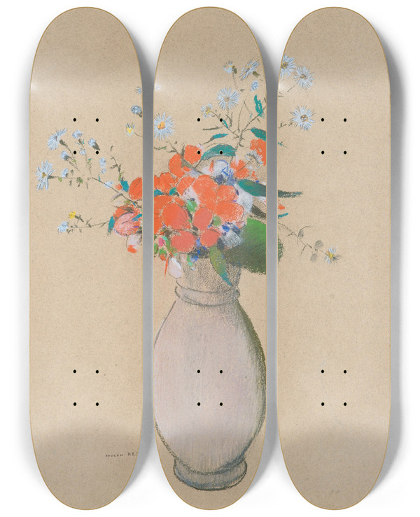 Triptych art skateboard deck of Odilon Redon Vase De Fleurs_3 by Odilon Redon (1840-1916)