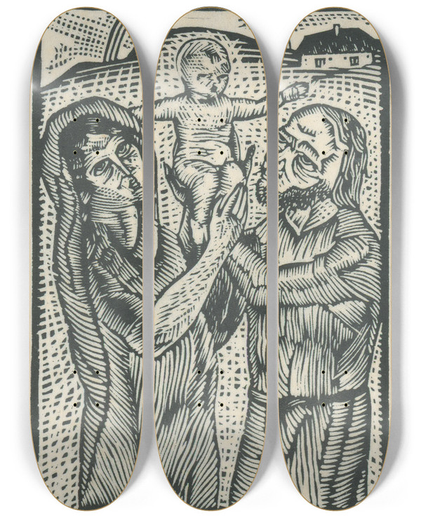 Triptych art skateboard deck of Mikul Galanda Svt Rodina by Mikulas Galanda (1895-1938)