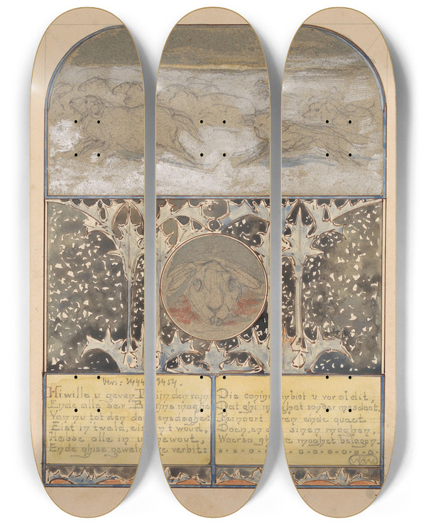Triptych art skateboard deck of Bernard Willem Wierink Belijn En De Zijnen En De Afgebeten Kop Van Cuwaert by Bernard Willem Wierink (1856-1939)