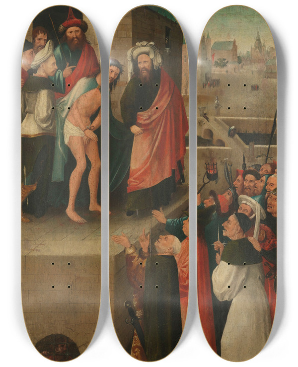 Triptych art skateboard deck of After Hieronymus Bosch Ecce Homo by After Hieronymus Bosch (1450-1516)