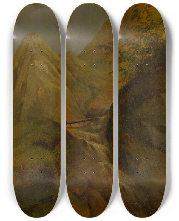 Triptych art skateboard deck of Jozef Boetech Klemens Mountain Landscape With A Waterfall by Jozef Bozetech Klemens (1817-1883)