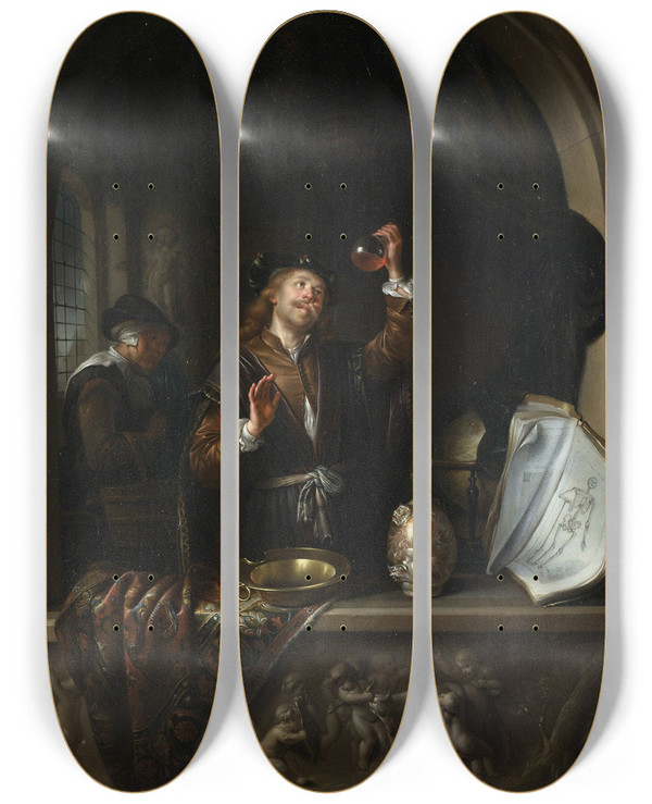 Triptych art skateboard deck of Gerrit Dou The Doctor by Gerrit Dou (1613-1675)