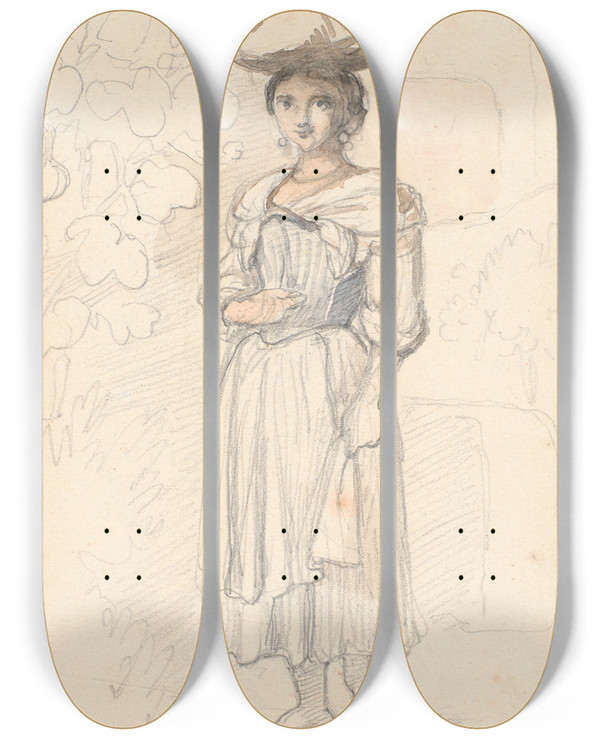 Triptych art skateboard deck of Wilhelm Marstrand Ung Italienerinde Stende by Wilhelm Marstrand (1810-1873)