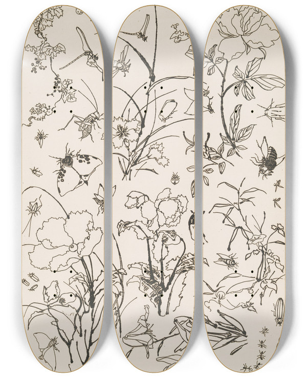 Triptych art skateboard deck of Flix Bracquemond Fleurs Et Insectes by Felix Bracquemond (1833-1914)
