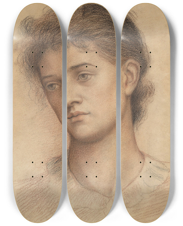 Triptych art skateboard deck of Evelyn De Morgan Portrait Head Of A Woman_1 by Evelyn De Morgan (1855-1919)