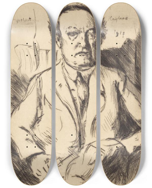 Triptych art skateboard deck of Lovis Corinth Gerhart Hauptmann by Lovis Corinth (1858-1925)
