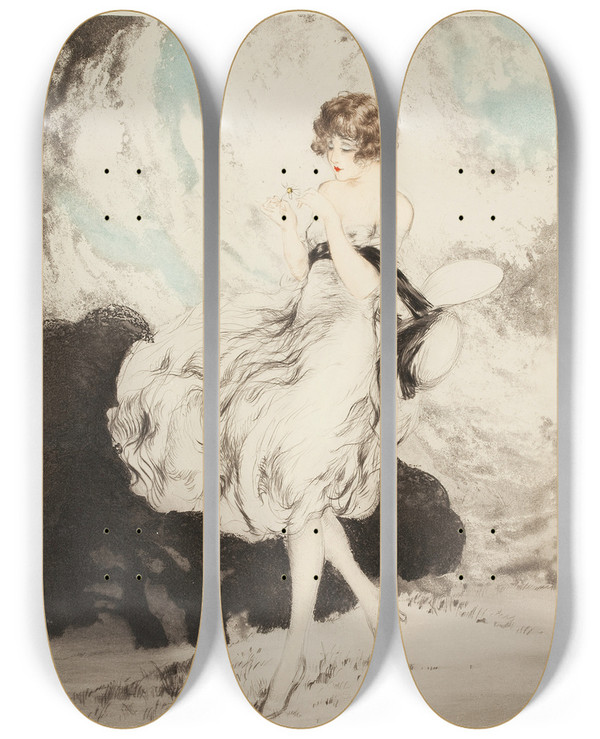 Triptych art skateboard deck of Louis Icart Lady With A Daisy by Louis Icart (1888-1950)