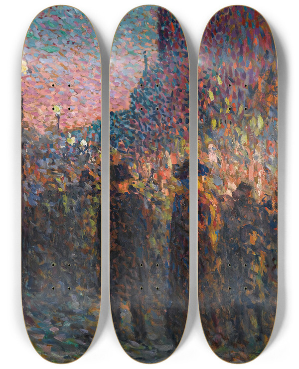 Triptych art skateboard deck of Maximilien Luce Paris Les Boulevards La Nuit by Maximilien Luce (1858-1941)