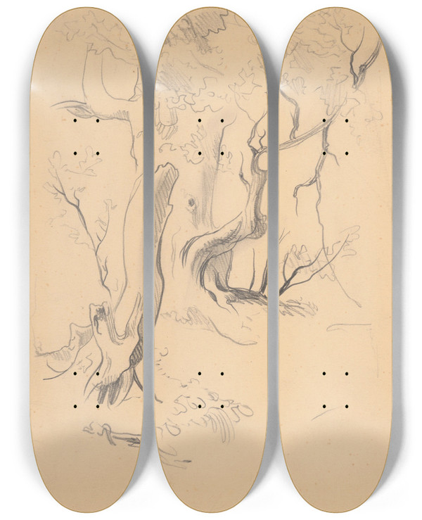 Triptych art skateboard deck of Jn Novk Tdia Stromov by Jan Novak (1921-1944)