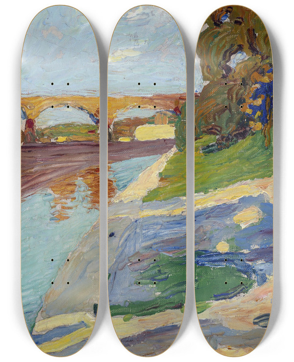 Triptych art skateboard deck of Wassily Kandinsky Munich The Isar by Wassily Kandinsky (1866-1944)