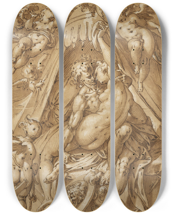 Triptych art skateboard deck of Abraham Bloemaert Mars And Venus by Abraham Bloemaert (1564-1651)