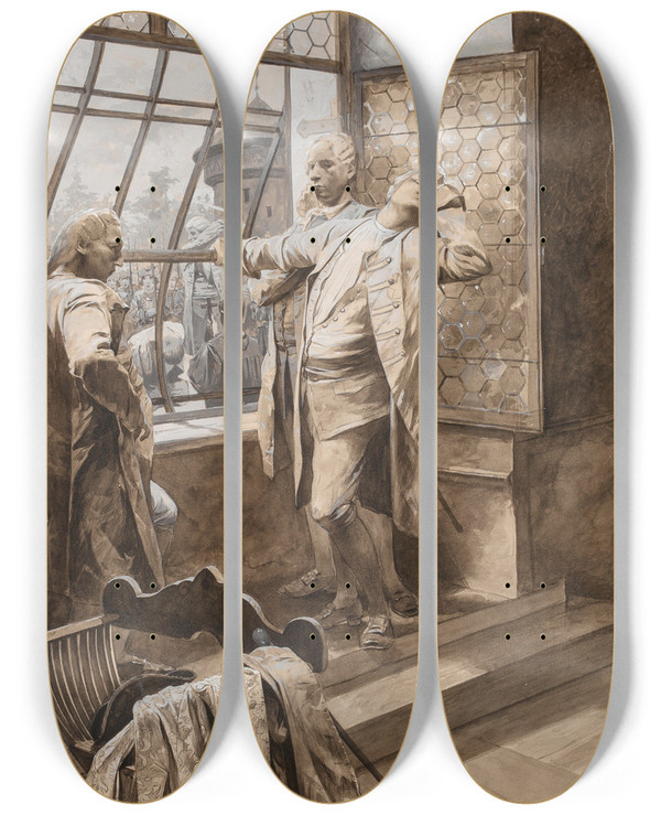 Triptych art skateboard deck of Alphonse Mucha Excution De Katte by Alphonse Mucha (1860-1939)