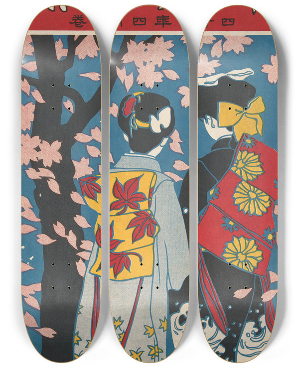 Triptych art skateboard deck of Ishikawa Toraji The Ladys Graphic April 1909 by Ishikawa Toraji