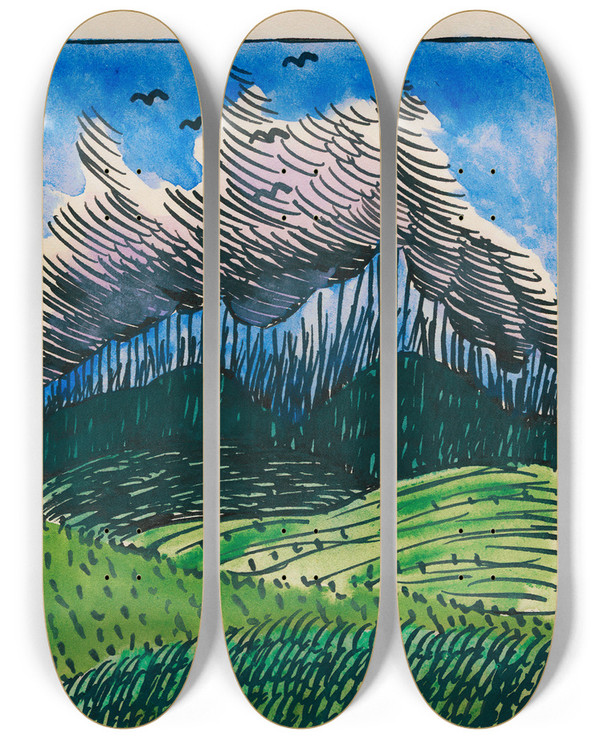Triptych art skateboard deck of Karl Wiener Komposition Aus Pflaster Und Wiese Viii by Karl Wiener (1901-1949)