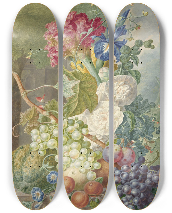Triptych art skateboard deck of Jan Van Os Still Life With Flowers And Fruit by Jan Van Os (1744-1808)