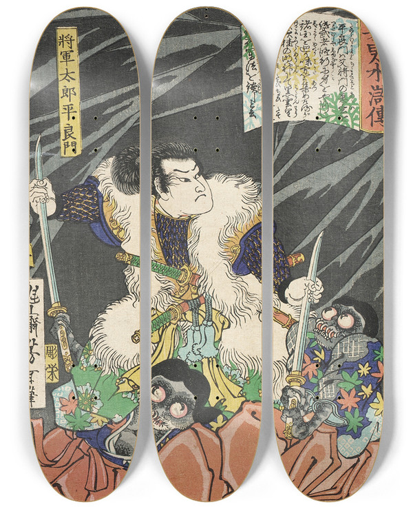 Triptych art skateboard deck of Tsukioka Yoshitoshi Shgun Tar Taira Yoshikado Disarming Two Goblins by Tsukioka Yoshitoshi (1839-1892)