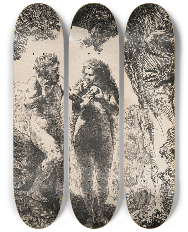 Triptych art skateboard deck of Rembrandt Van Rijn Adam And Eve by Rembrandt Van Rijn (1606-1669)