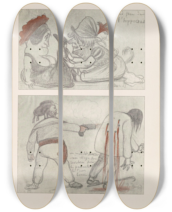 Triptych art skateboard deck of Pierre Puvis De Chavannes Les Caricatures De Puvis De Chavannes Pl36 by Pierre Puvis De Chavannes (1824-1898)