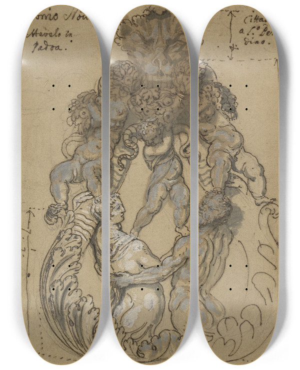 Triptych art skateboard deck of Italian 17Th Or 18Th Century Door Knocker With Tritonnereid And Putti by Italian 17th or 18th Century