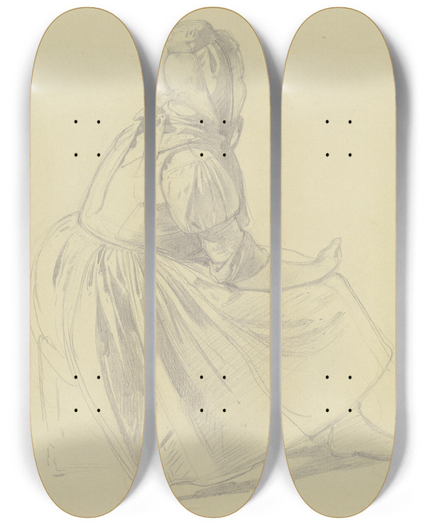 Triptych art skateboard deck of Johann Jakob Hoff Hessisches Bauernmdchen Ganze Figur Sitzend Rckenansicht by Johann Jakob Hoff (1838-1892)