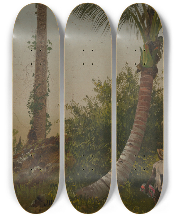 Triptych art skateboard deck of Frederic Edwin Church Trees In Jamaica West Indies by Frederic Edwin Church (1826-1900)