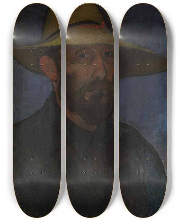 Triptych art skateboard deck of Wadysaw Lewiski Selfportrait In A Straw Hat by Wadysaw lewiski (1854-1918)