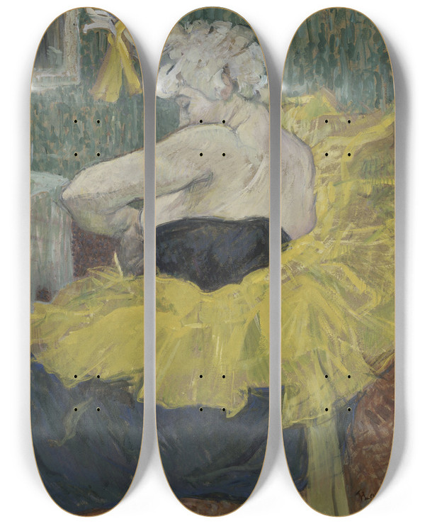 Triptych art skateboard deck of Henri De Toulouselautrec The Clown Chaukao by Henri de Toulouse-Lautrec (1864-1901)