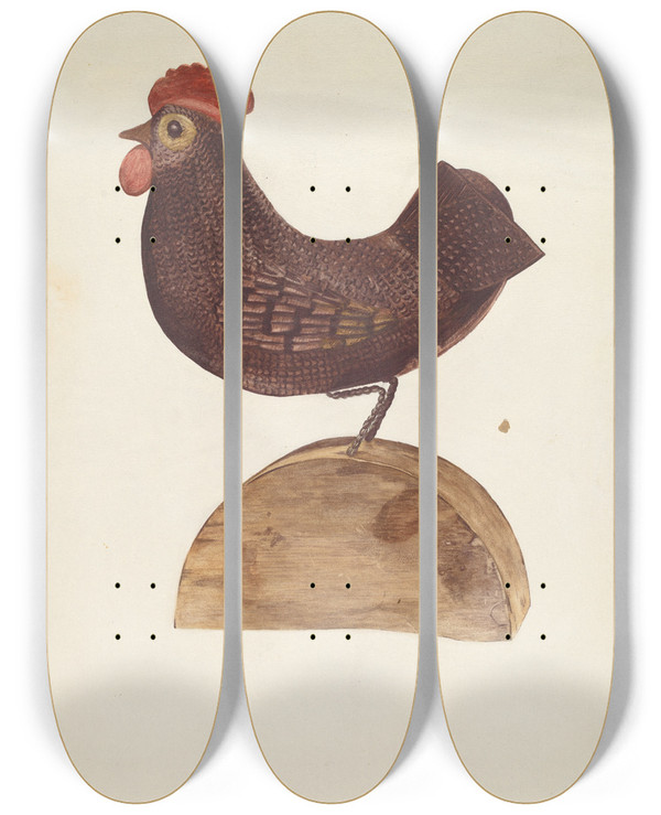 Triptych art skateboard deck of American 20Th Century Carved Bird by American 20Th Century