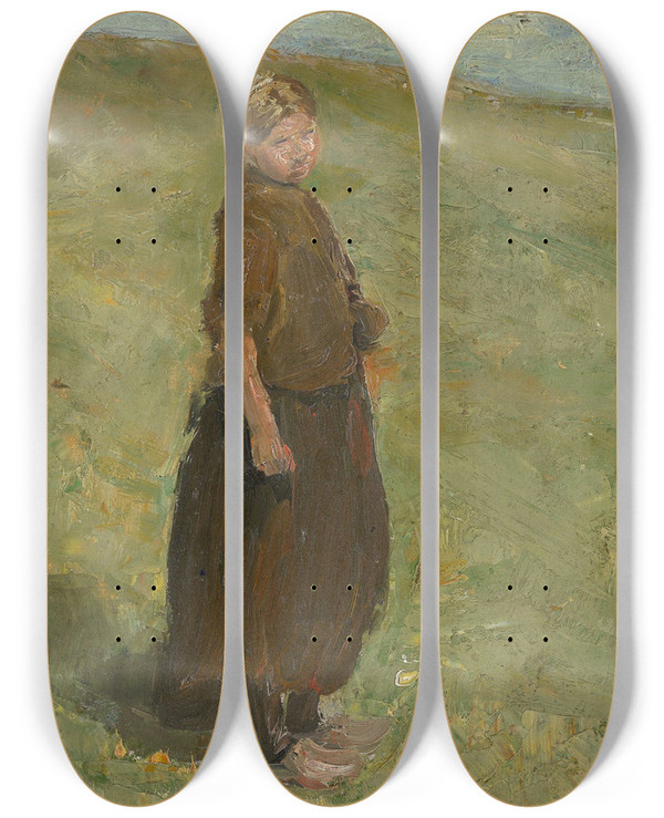Triptych art skateboard deck of Max Liebermann Mdchen Auf Der Dne Stehend Nach Rechts by Max Liebermann (1847-1935)