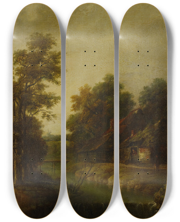 Triptych art skateboard deck of Cornelis Gerritsz Decker Farms By A River With Rapids by Cornelis Gerritsz Decker (1618-1678)