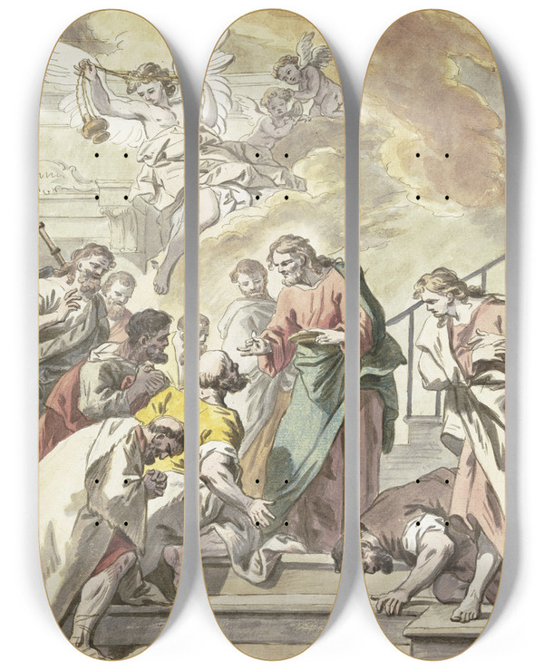 Triptych art skateboard deck of Jean Jouvenet Christ Gives The Lords Supper by Jean Jouvenet (1644-1717)