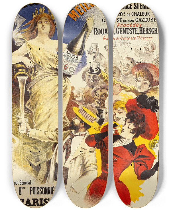 Triptych art skateboard deck of Jean De Paleologue Arista La Meilleure Eau De Table by Jean de Paleologue (1855-1942)