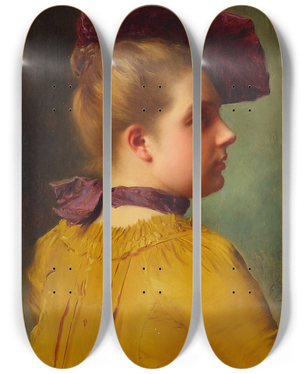 Triptych art skateboard deck of Gustave Jean Jacquet A Portrait Of A Lady In A Plum Chapeau by Gustave Jean Jacquet (1846-1909)