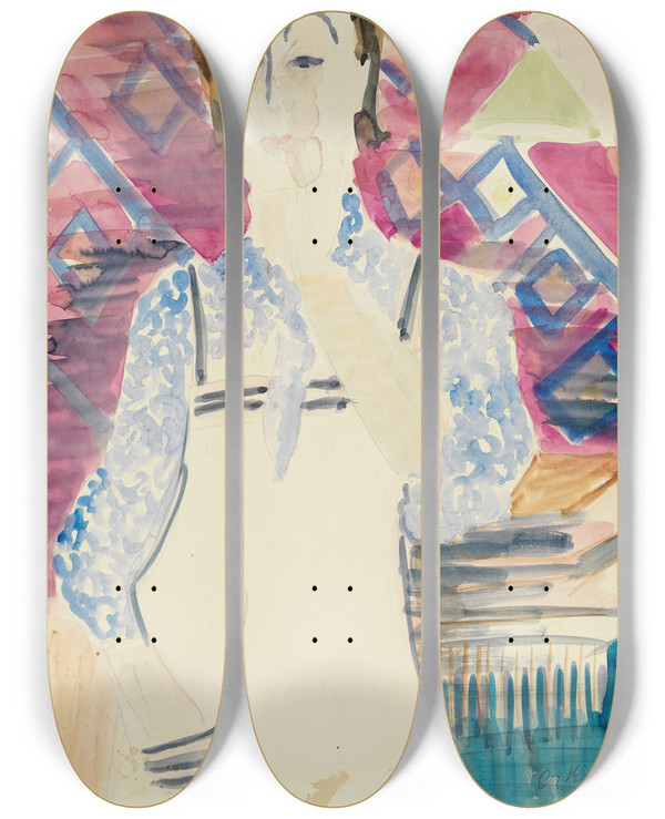 Triptych art skateboard deck of Ernst Ludwig Kirchner Frau Mit Schrze Erna Kirchner by Ernst Ludwig Kirchner (1880-1938)