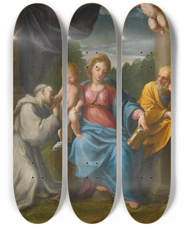Triptych art skateboard deck of Guido Reni Holy Family With Saint Francis by Guido Reni (1575-1642)
