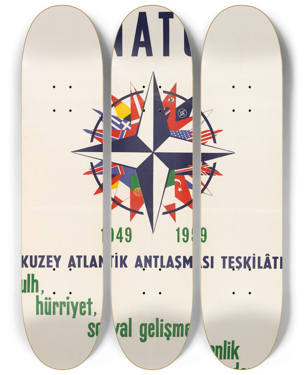 Triptych art skateboard deck of Us Information Agency Nato 10Th Anniversary Poster by U S Information Agency (1953-1999)