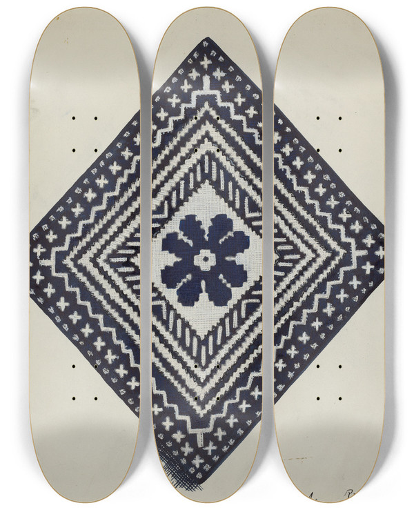 Triptych art skateboard deck of Ruth M Barnes Coverlet_1 by Ruth M Barnes
