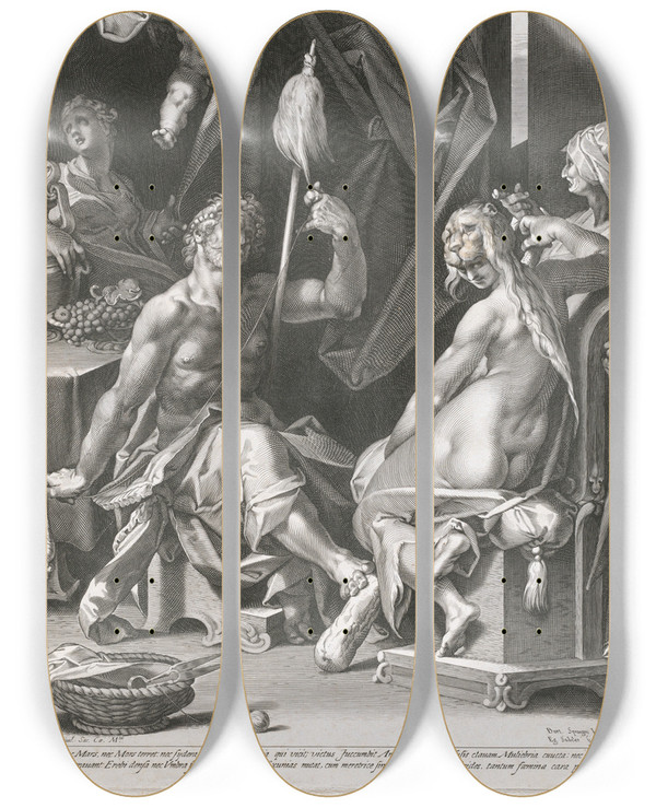 Triptych art skateboard deck of Aegidius Sadeler Ii Hercules And Omphale by Aegidius Sadeler Ii (1570-1629)