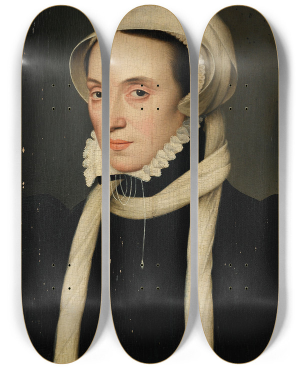 Triptych art skateboard deck of Franois Clouet Portrait Of Christina Of Denmark Duchess Of Milan by Francois Clouet (1536-1572)