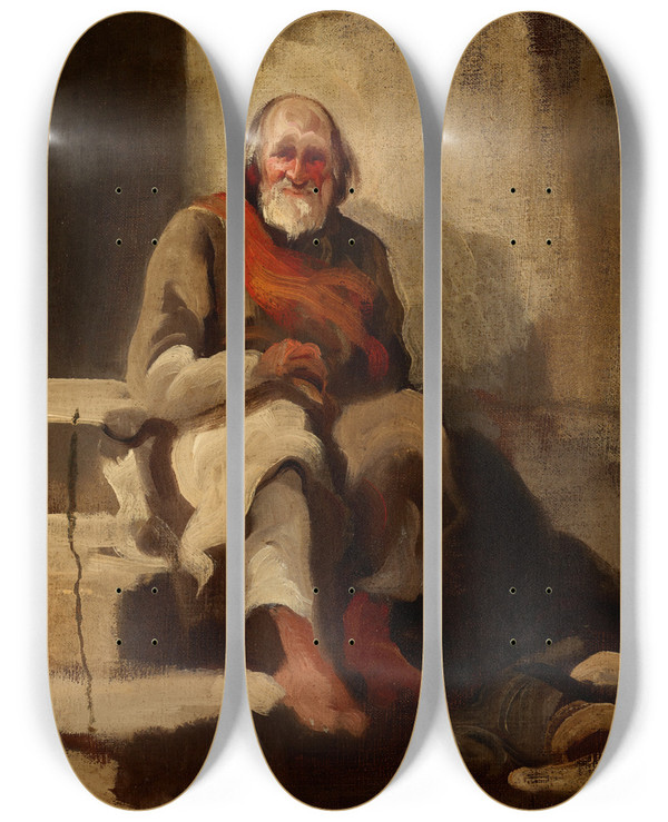 Triptych art skateboard deck of Piotr Michaowski Study Of An Old Man Sitting On The Stairs by Piotr Michalowski (1800-1855)