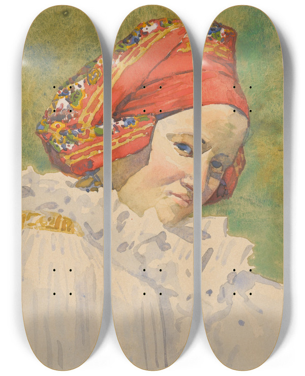Triptych art skateboard deck of Joa Prka Head Of A Moravian Girl by Joza Uprka (1861-1940)