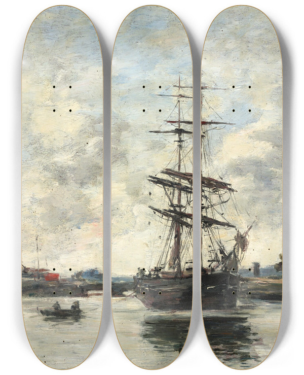 Triptych art skateboard deck of Eugne Boudin Ship On The Touques by Eugene Boudin (1824-1898)