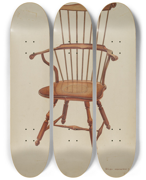 Triptych art skateboard deck of Ernest A Towers Jr Windsor Combback Chair by Ernest A Towers Jr (20-)