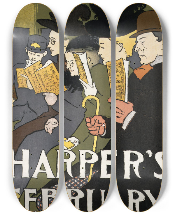 Triptych art skateboard deck of Edward Penfield Harpers February_5 by Edward Penfield (1866-1925)
