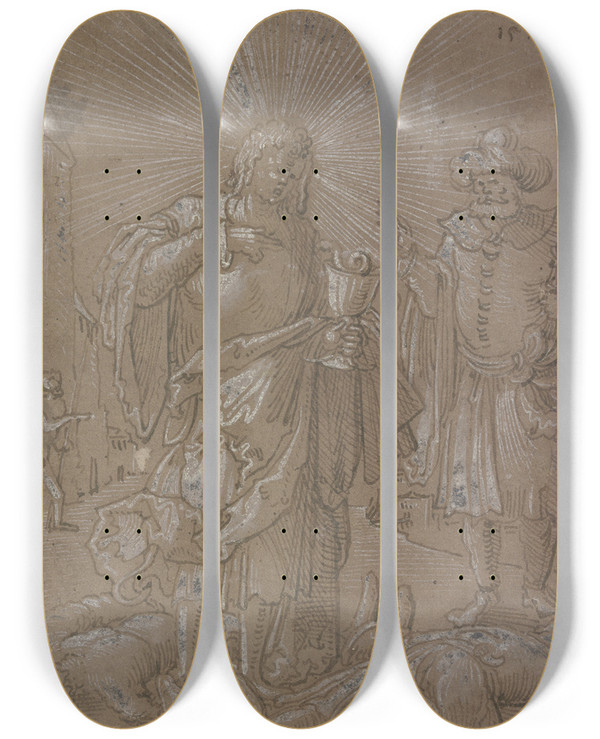 Triptych art skateboard deck of Wolf Huber Johannes Der Evangelist Mit Giftbecher by Wolf Huber (1480-1553)
