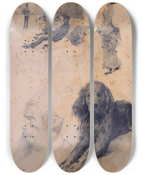 Triptych art skateboard deck of Santiago Rusiol Figure Studies And Study Of Dog by Santiago Rusinol (1861-1931)